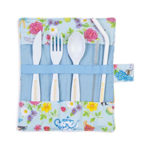 alt

Blue floral cutlery wrap. White knife, fork, spoon and straw plus straw cleaner. 