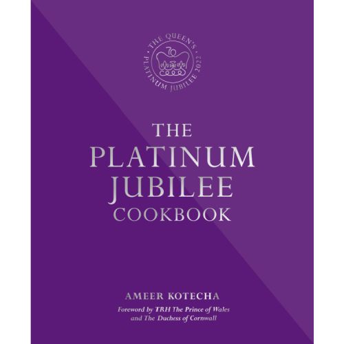 Purple hardback cookbook featuring the title in white 'The Platinum Jubilee Cookbook by Ameer Kotcheca. Foreword by TRH The Prince of Wales and The Duchess of Cornwall'