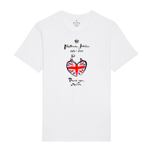 White t-shirt featuring a heart with a union jack inside. On top of the heart is an illustration of a little boy and a mole. Above that are the words 'Platinum Jubilee 1952-2022' and a crown. Underneath the heart are the words 'Thank you, Ma'am'