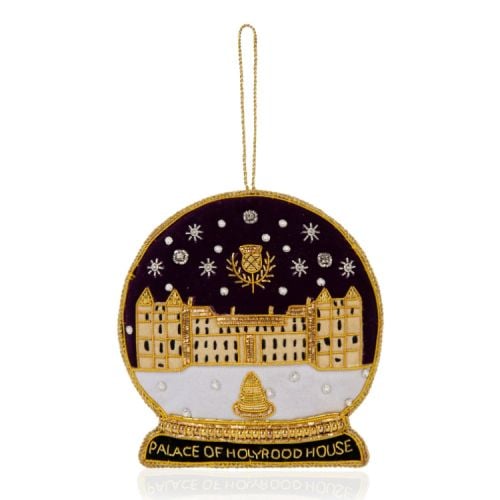 Hand embroidered velvet Christmas decoration depicting the Palace of Holyroodhouse in a snow globe. Featuring faux pearls, embroidered stars in the sky with cut crystal iridescent beading. 