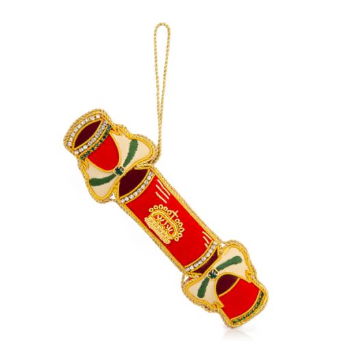 Christmas cracker decoration. Red with gold embroidery trim and crown. Finished with clear and green crystals. 