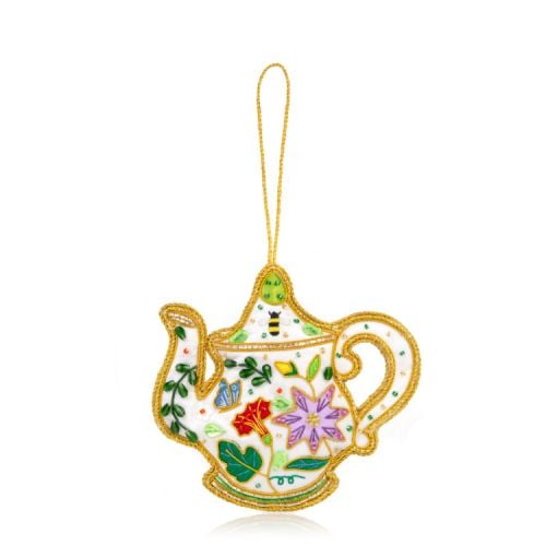 Teapot decoration. Stitched with gold thread. Colourful satin flowers. 