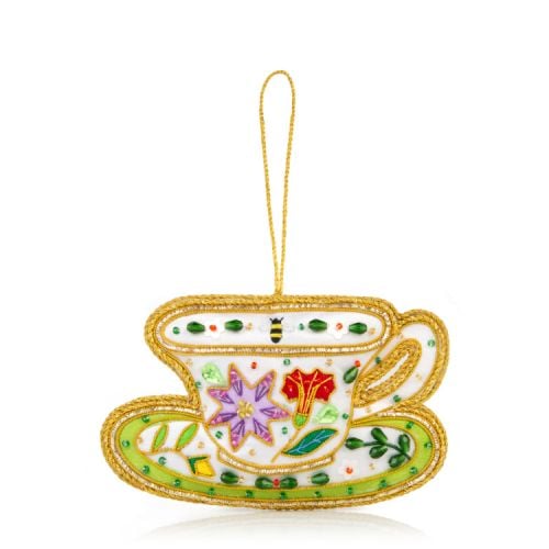 Embroidered decoration in the shape of a teacup. Gold beads and thread, colourful satin flowers. 