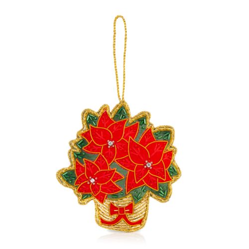 Three Poinsettias in a festive basket. Embroidered with beads and outlined with gold thread. 