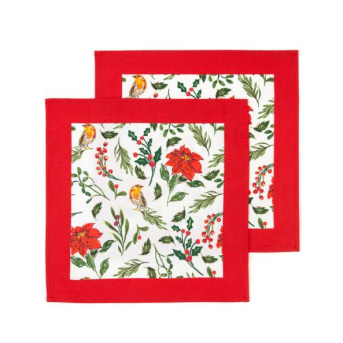 2 napkins decorated with winter foliage and robins. White background with red border.