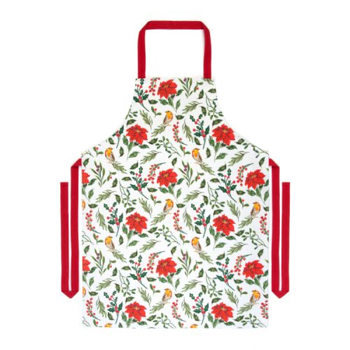 Christmas apron decorated with robins and winter foliage. Ties are red. 