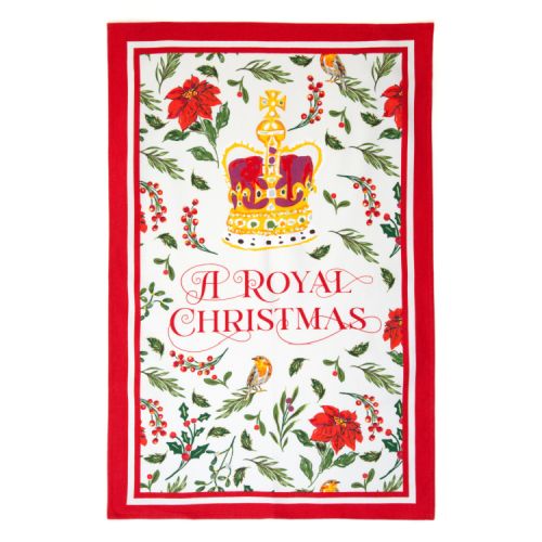 Tea towel featuring printed crown, the phrase 'A Royal Christmas' and winter foliage