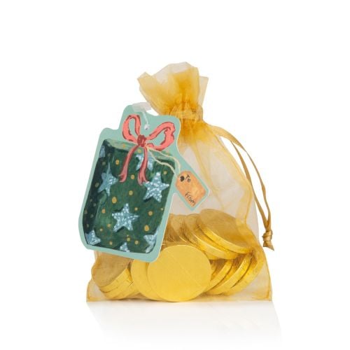 small gold bag of chocolate coins wrapped in gold foil. tag with illustration of present on front