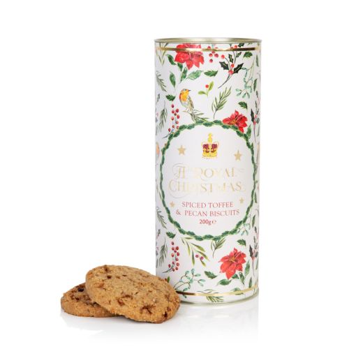 A tube of biscuits. Outer tube is decorated with winter foliage, robins and a crown. 