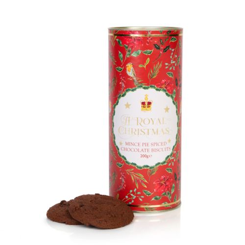 packaging of the mince pie spiced biscuits packaging with red tube and illustrations of flowers, foliage and birds. crown and description on front