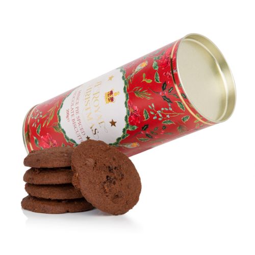 packaging of the mince pie spiced biscuits packaging with red tube and illustrations of flowers, foliage and birds. crown and description on front