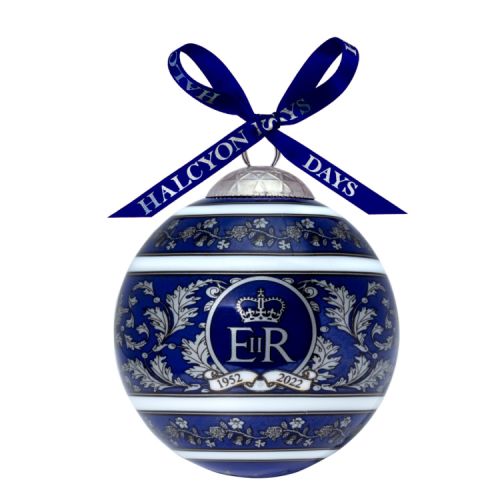 A blue bauble with platinum decoration. There is a EIIR printed at the centre above the years 1952 and 2022.