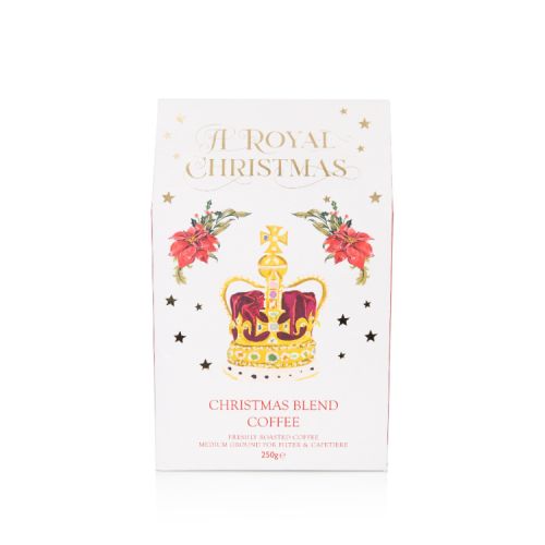 Box of coffee. White background decorated with stars, a crown and red flowers.