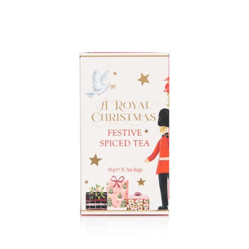 packaging of festive spiced tea with illustrations of a guardsman, presents and a dove surrounded by stars