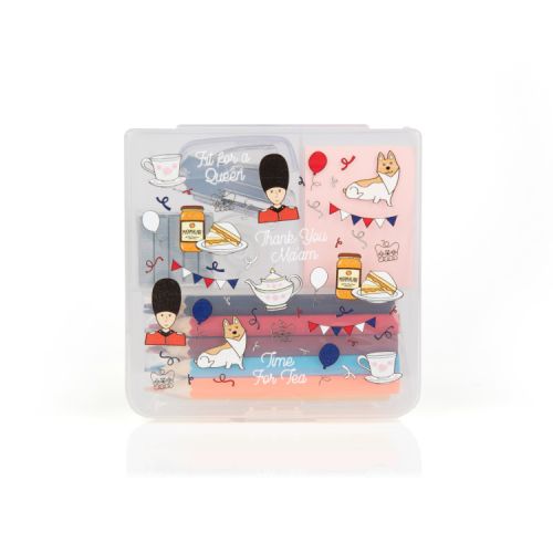 Clear stationery box with illustrations on the lid. 