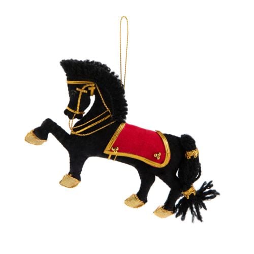 Black horse decoration finished with gold thread accents and a red seat.