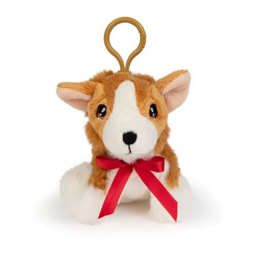 White and brown corgi with red ribbon fixed at its neck. FInished with plastic brown clip. 