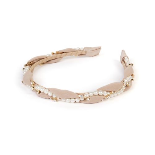 taupe fabric hairband wrapped with costume pearls