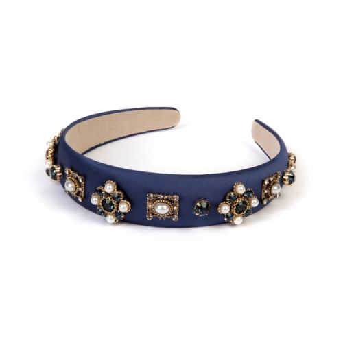 Navy hairband embellished with costume pearls and Swarovski crystals. 