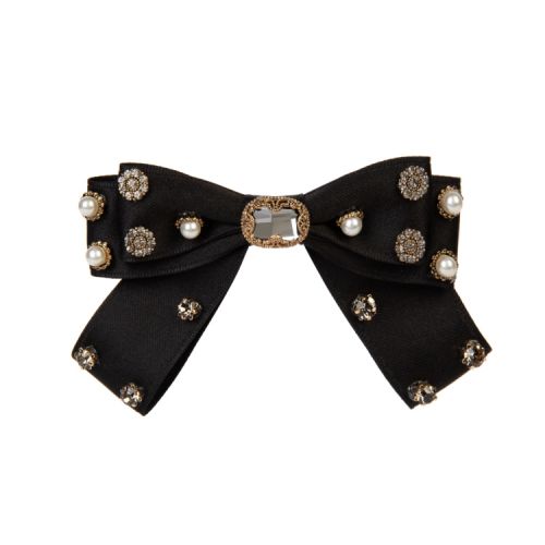 Black hairclip bow embellished with costume pearls and swarvoski crystals