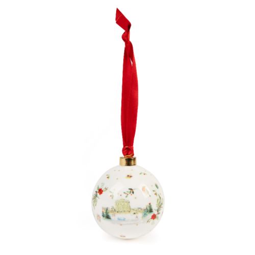 White china bauble decorated with an illustration of Windsor Castle in the snow and assorted Royal illustrations.