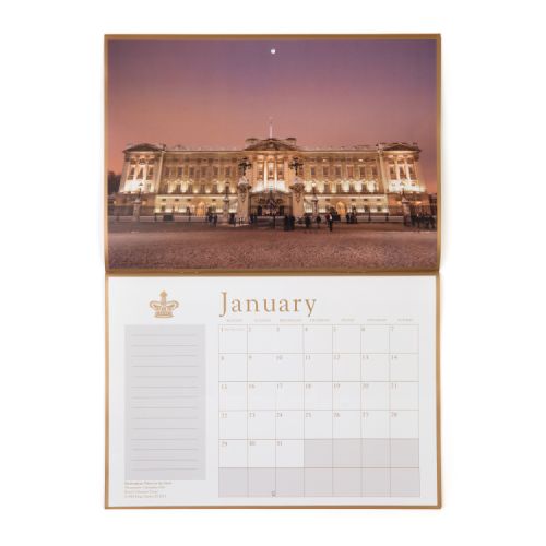 Front cover of calendar with image of changing of the guards outside Buckingham Palace