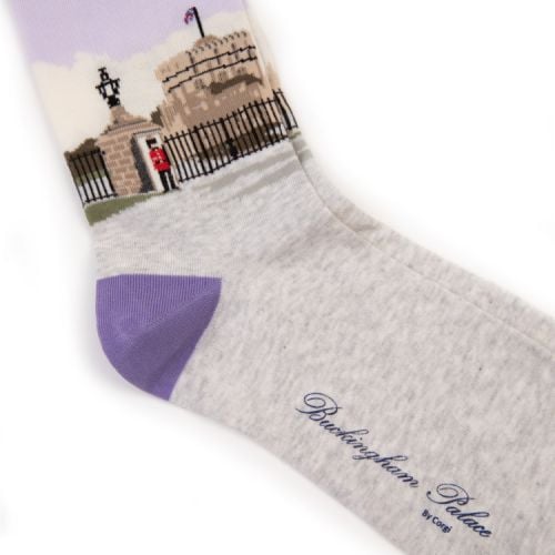 Grey socks with Windsor Castle round tower. Finished with purple heels and toes.