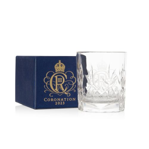 Crystal tot glass with King Charles III cypher engraved.