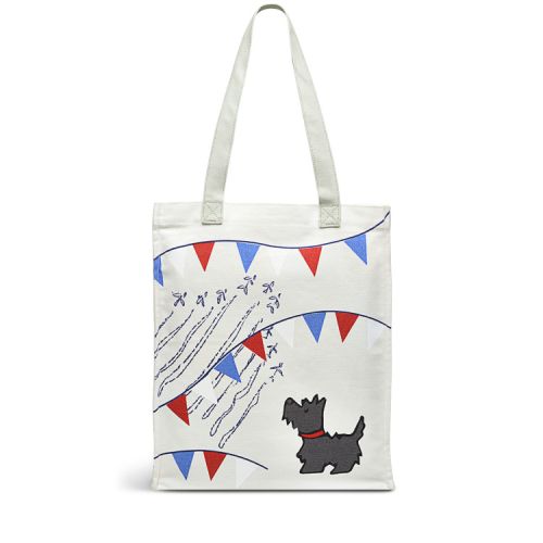 Natural coloured tote bag with bunting, red arrows and a Scottie dog.