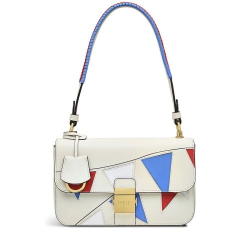 Front of bag. Cream with bunting applique in red, white and blue. Blue contrast handle.