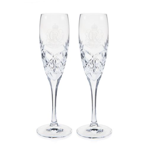 Pair of crystal cut champagne flutes with King Charles III cypher