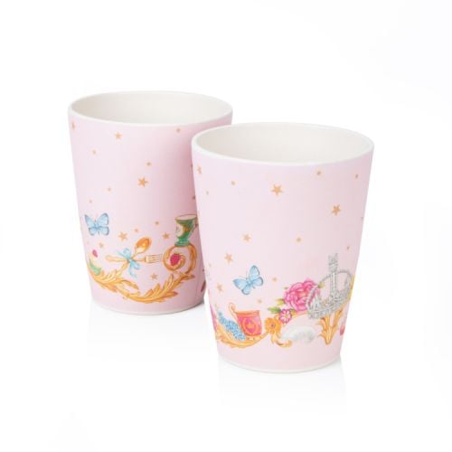 Two pink reusable cups. Decorated with gold stars, butterflies, flowers and royal-inspired illustrations.