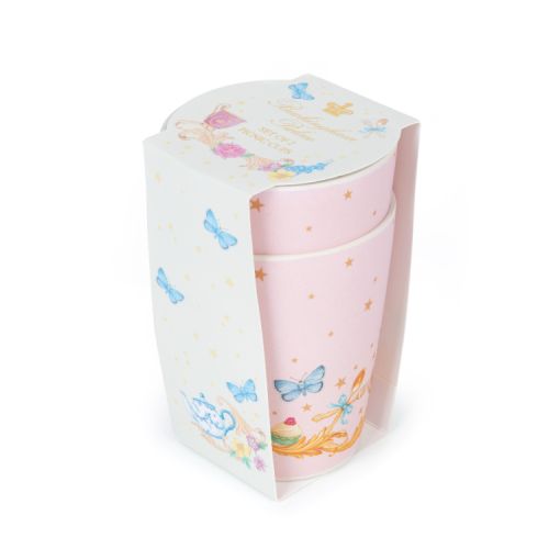 Two pink reusable cups. Decorated with gold stars, butterflies, flowers and royal-inspired illustrations.