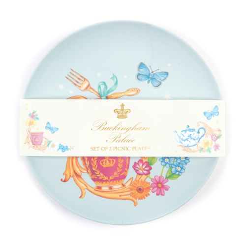 Set of 2 blue picnic plates. Decorated with colourful, royal-themed illustrations.