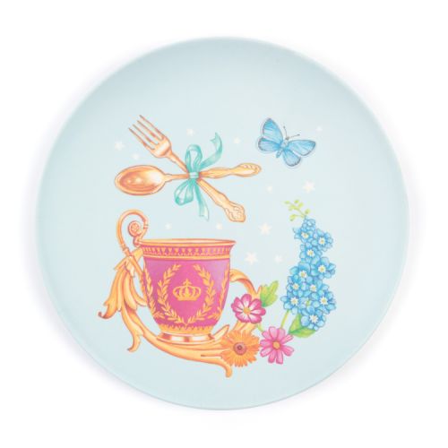 Set of 2 blue picnic plates. Decorated with colourful, royal-themed illustrations.
