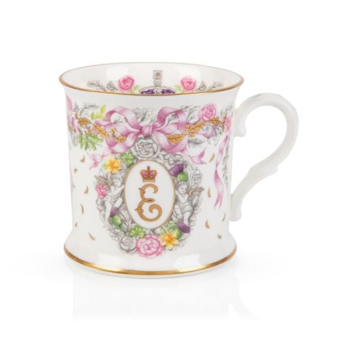 Fine bone china tankard decorated with Princess Elizabeth's cypher as the central motif. Surrounding the cypher is floral arrangements, cherubs and feathers. Finished with gold leaf. 