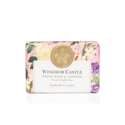 Windsor Caslte soap with pink, floral packaging and gold crown. 