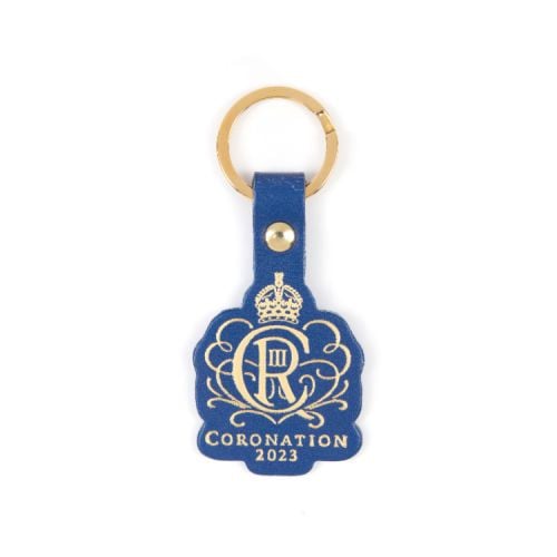 Blue key fob with King Charles III cypher and 'Coronation 2023'.