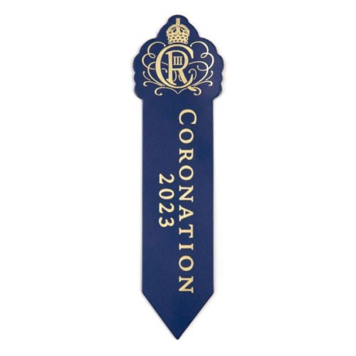 Dark blue book mark with Coronation 2023 in gold and King Charles III's cypher.
