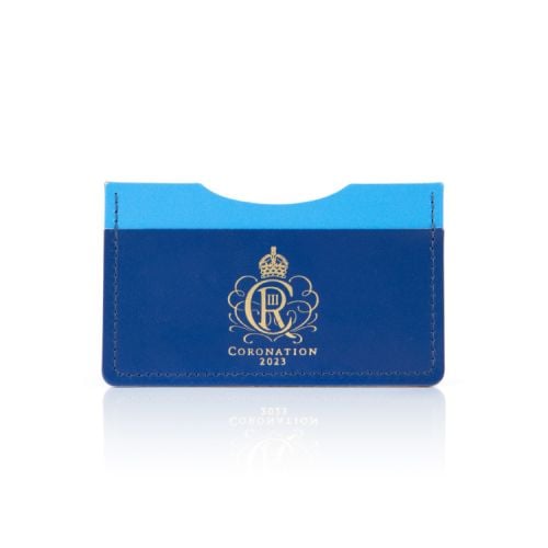 Two tone blue card holder. King Charles III cypher in gold.