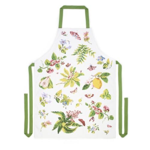 White apron with green straps. Chelsea Porcelain inspired designs. 