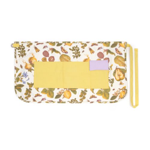 Gardening belt with yellow pocket and straps. White background with Chelsea Porcelain inspired designs.