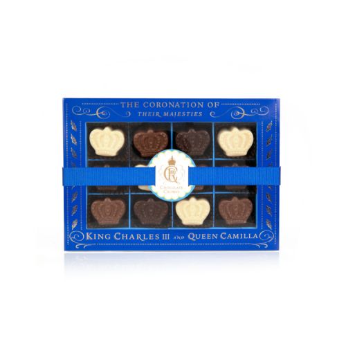 12 crown chocolates presented in blue box with blue ribbon and gold foil writing and embellishments.