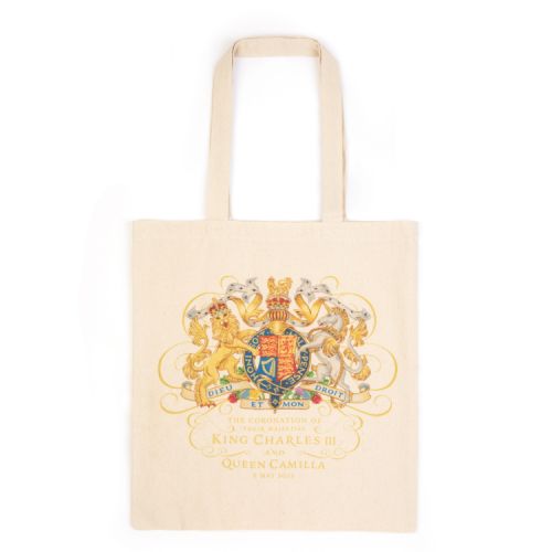 Natural coloured tote bag with the Royal coat of arms printed on the front.