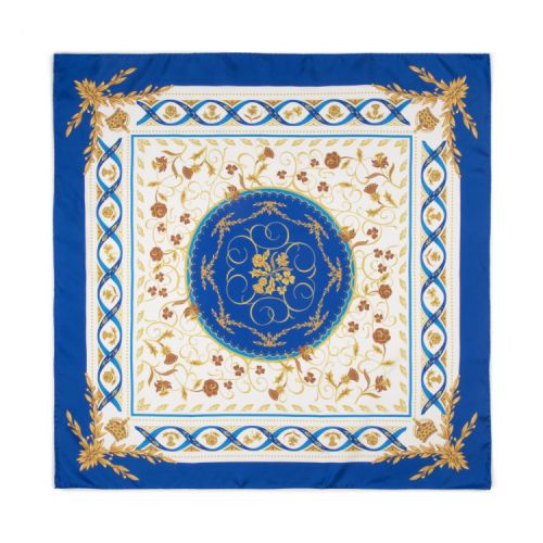 White and blue silk scarf with gold finishes of the four nations of Great Britain flowers, blue ribbons and crowns.