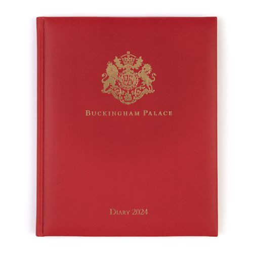 Red desk diary with gold embossed crest and lettering, Buckingham Palace Diary 2024