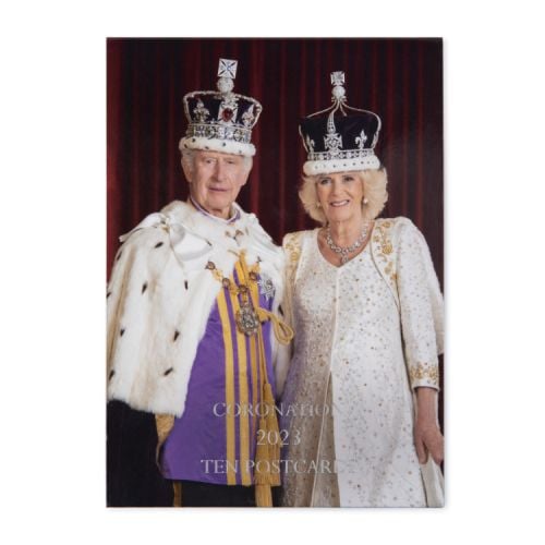 Cover of postcard pack featuring an image of King Charles III and Queen Camilla