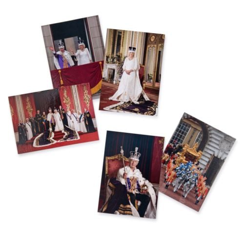 Cover of postcard pack featuring an image of King Charles III and Queen Camilla