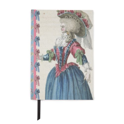 Front cover of notebook with Georgian lady painting. Spine is decorated with hats and ribbons on blue and pink stripes. 