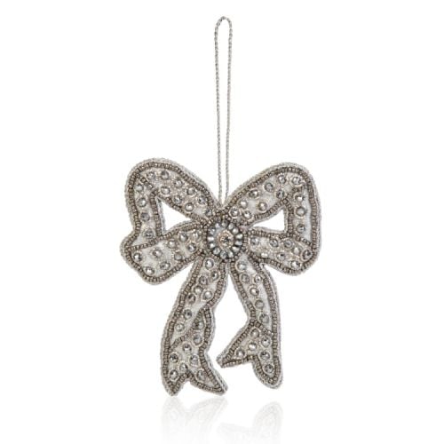 Silver bow decoration with white string to hang. Embellished with silver sequins. 